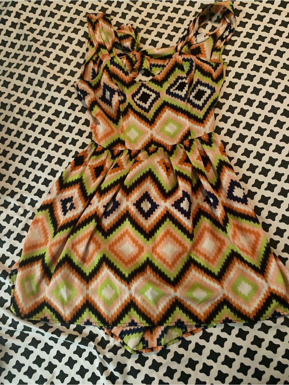 Girls Geometric Print Sleeveless Dress in Peach, Lime & Navy